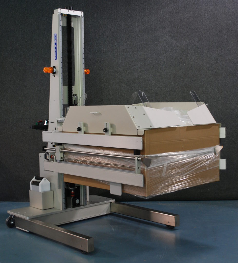 Fork Set Lift with Funnels for Rotating and Dumping Palletized Boxes