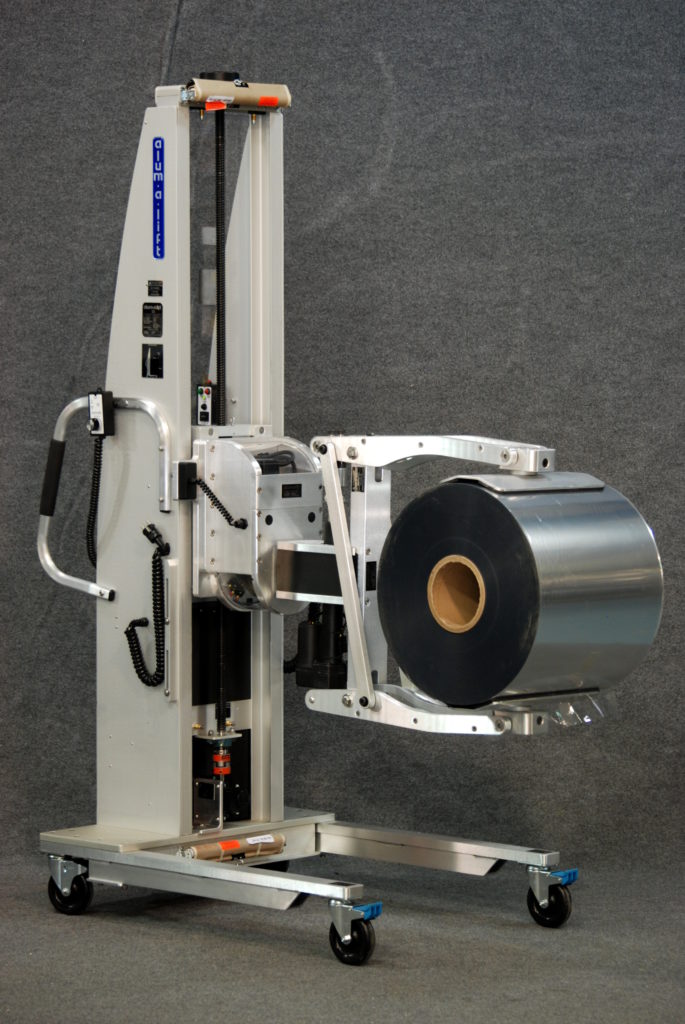 Lift with Powered Clamp for Loading Film Rolls