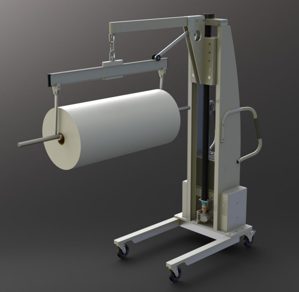 Boom Lift with Swiveling Crossbar for Rolls with Through Shaft