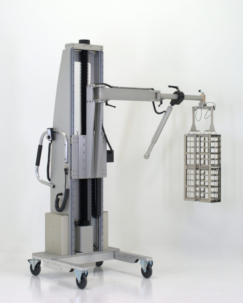 Ergonomic Pharmaceutical Lift with Rack and Basket Handling Arm