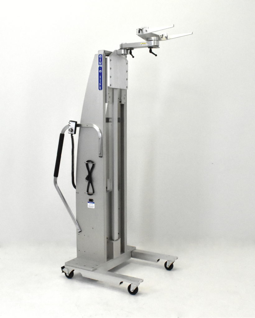 VFFS Forming Tube on Portable Ergonomic Lifter with Pivoting Fork Set