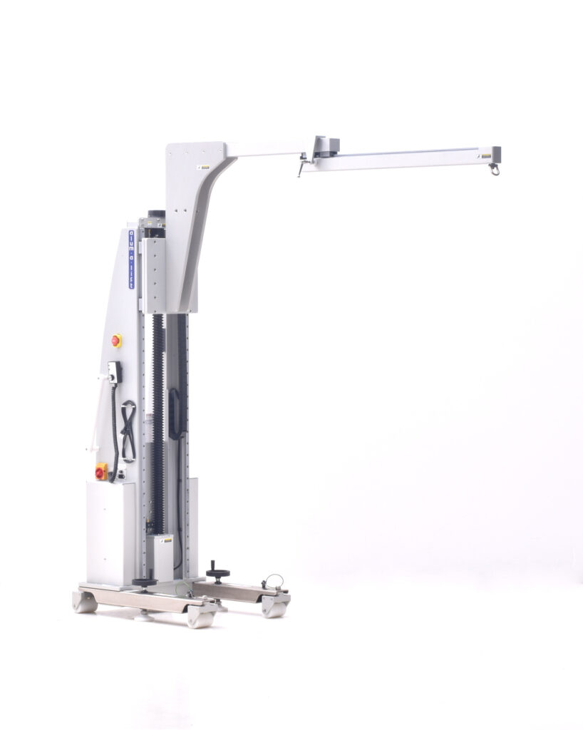 Ergonomic Telescoping Boom Lift for Laser Optical Components, Swivel hoist ring, obstacle and overload sensing, active lifting speed adjustment, floor brakes, ISO 5 cleanroom rated, SEMI S2, CE Compliant