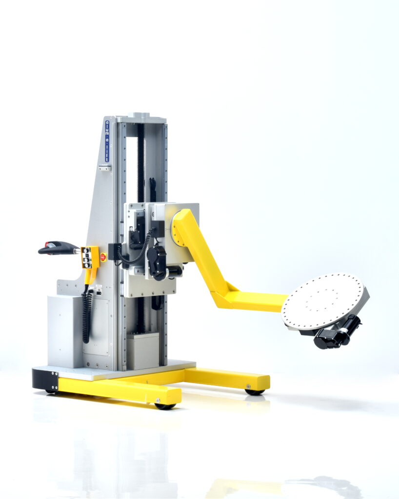 Ergonomic satellite assembly work positioner lift, two rotation modules, deflection compensation adjustment, lateral shuttle, speed control, cleanroom class 100,000 compatible, satellite manufacturing, aerospace lift
