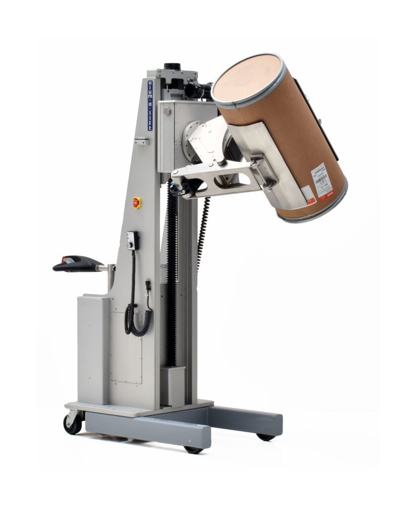 Ergonomic Sanitary Washdown Powered Drive Rotating Drum Lift, Powered Clamp, Powered Rotation, Stainless Steel Clamp Arms, IP65 rating