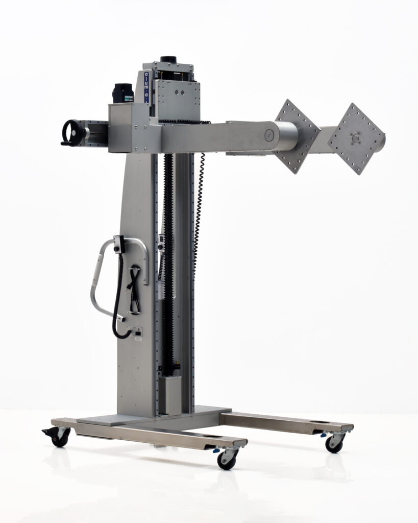 Ergonomic Rotating Satellite Handling Work Positioner Lift, Cleanroom 100 classification, 360-degree rotating wrists, adjustable arm width