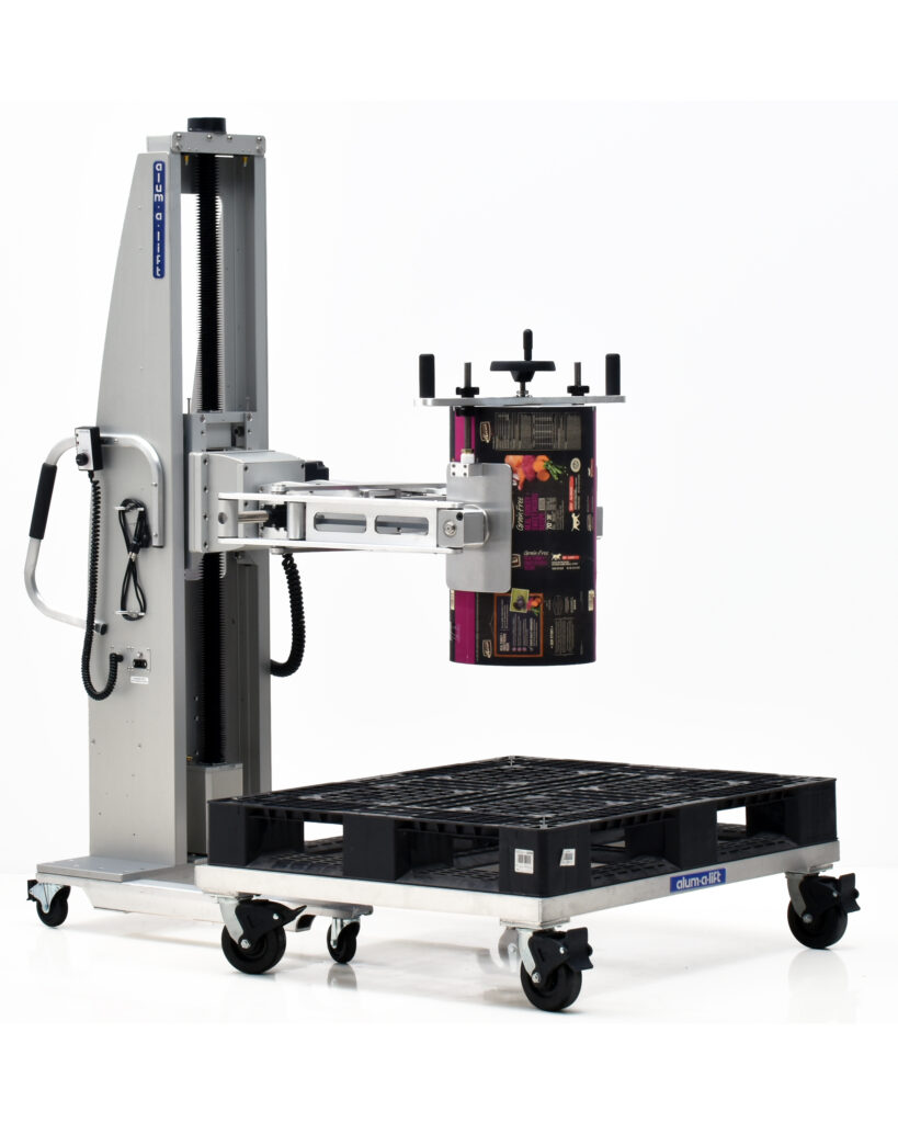 Ergonomic Roll Handling Lift with Powered Clamp and Trunion, Powered side to side rotation, manual forward rotation, anti-telescoping device