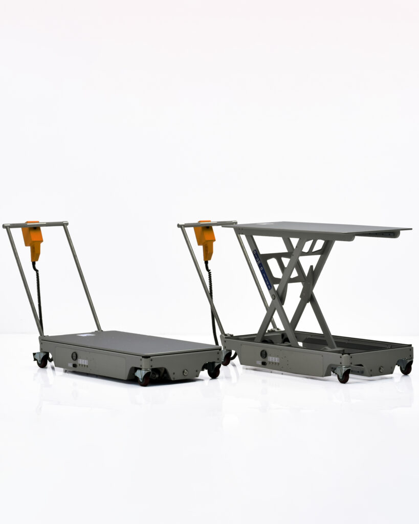 Electric Scissor Lift for Semiconductor Cleanrooms, short stroke cart, fold-down handle, 24 volt all electrical system, novel drive system, ISO 5 (Class 100) cleanroom rated