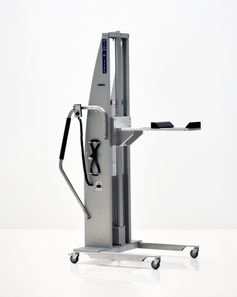 Ergonomic Platform Roll Handling Lift for Spool Loading, Platform with Adjustable Sliding Stops and Locking Pin