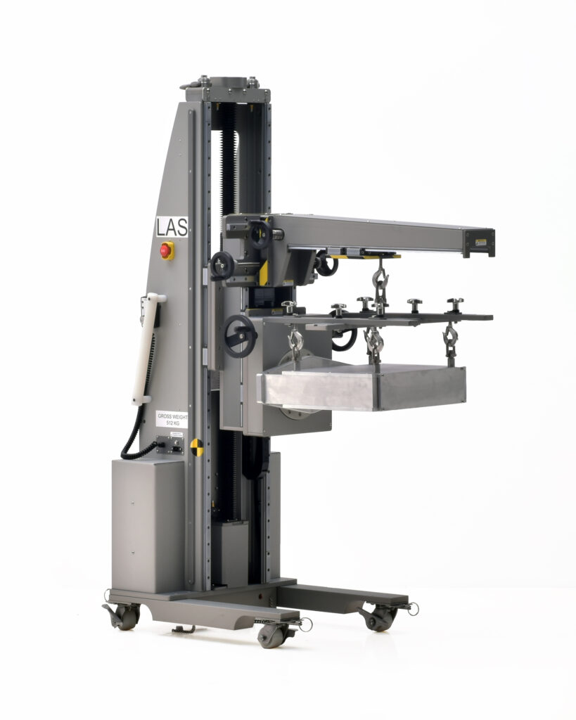 Ergonomic Work Positioner Lift for Aerospace Tool Handling, Boom with Latching Hook, Fixture Mount with 360° rotation, lateral shuttle, ground support equipment